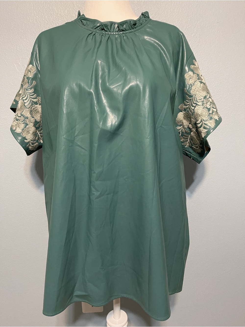 Layerz Sage Green Faux Leather Tunic Dress Embroidered Sleeves Boho Western XL